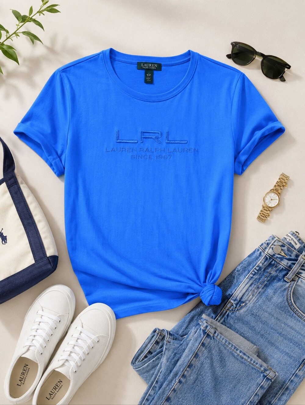 Ralph Lauren Embroidered Women's  Blue T-Shirt 100% Cotton Size Large